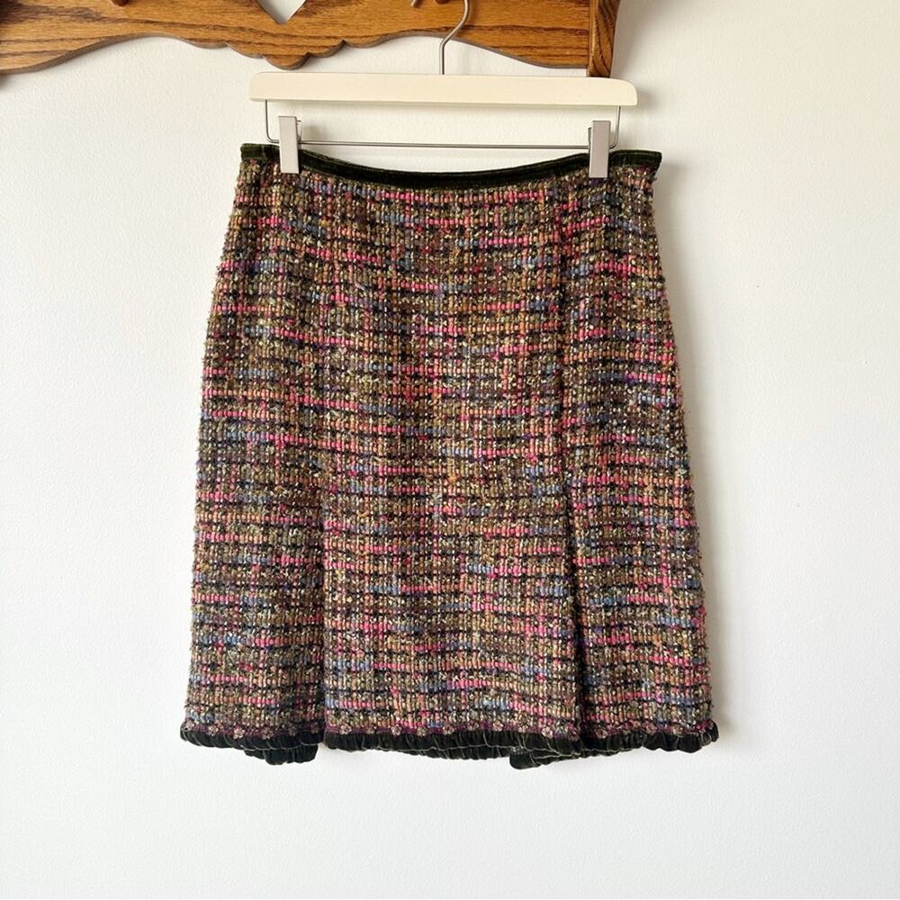 Cynthia Steffe 2010s Twee Velvet Trim Tweed Wool Retro Skirt Size 8